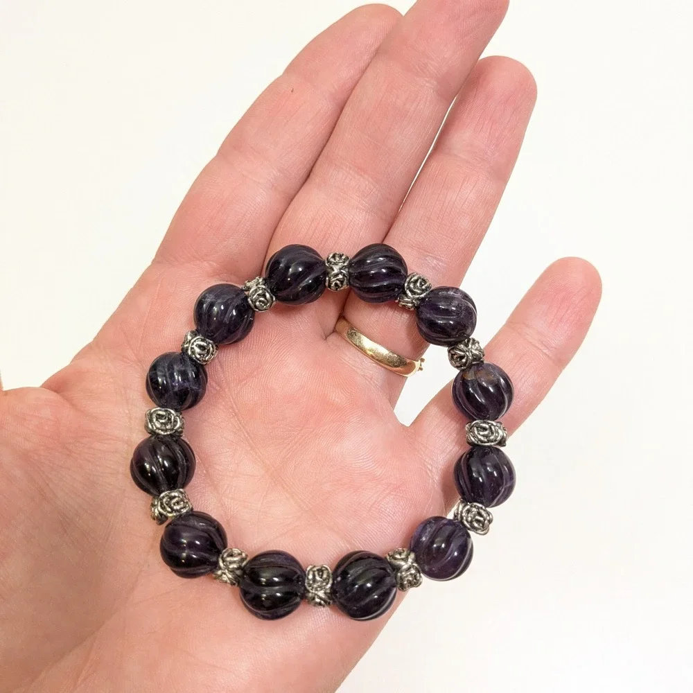 Carved Purple Melon Bead Stretch Bracelet Silver Tone Rose Floral Gemstone Boho
